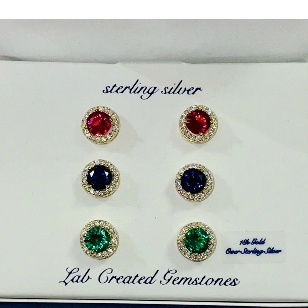 Belk Silverworks Gemstone Halo Stud Earrings | 18K Gold Over Silver - Picture 5 of 6